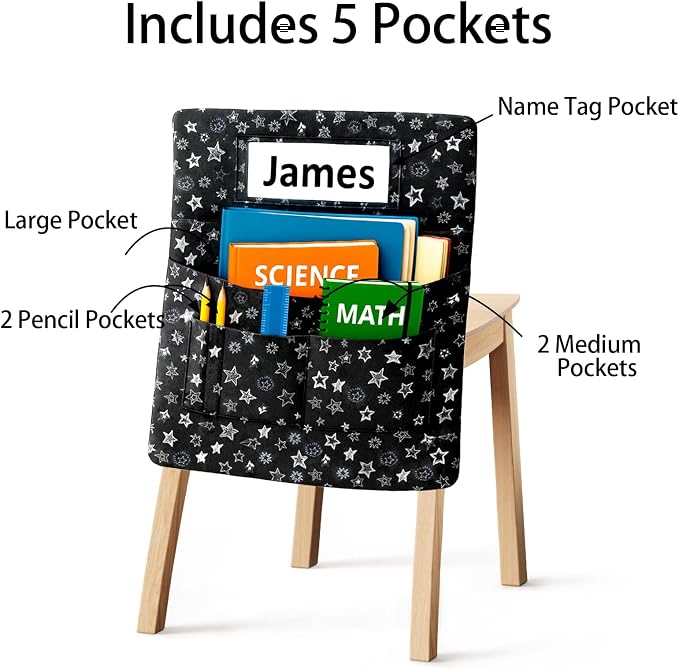 25 PCS Chair Pockets for Classroom Chairs, 15"W x 19"H Seat Sacks with 5 Pockets, Durable 600D Oxford Student Chair Bag Organizer with Name Tag Slot for K-5 Kindergarten School, Black