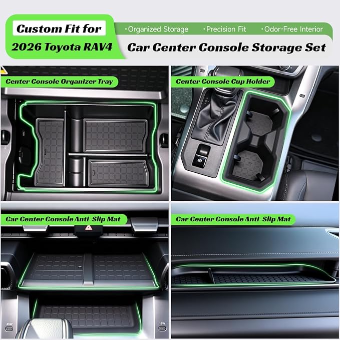 Interior Organizer Bundle for Toyota RAV4 2026,3-in-1 Set with Center Console Organizer Tray,Cup Holder Insert & Silicone Dash Mats–Custom Fit Anti-Slip Storage Accessories for 2026 RAV4
