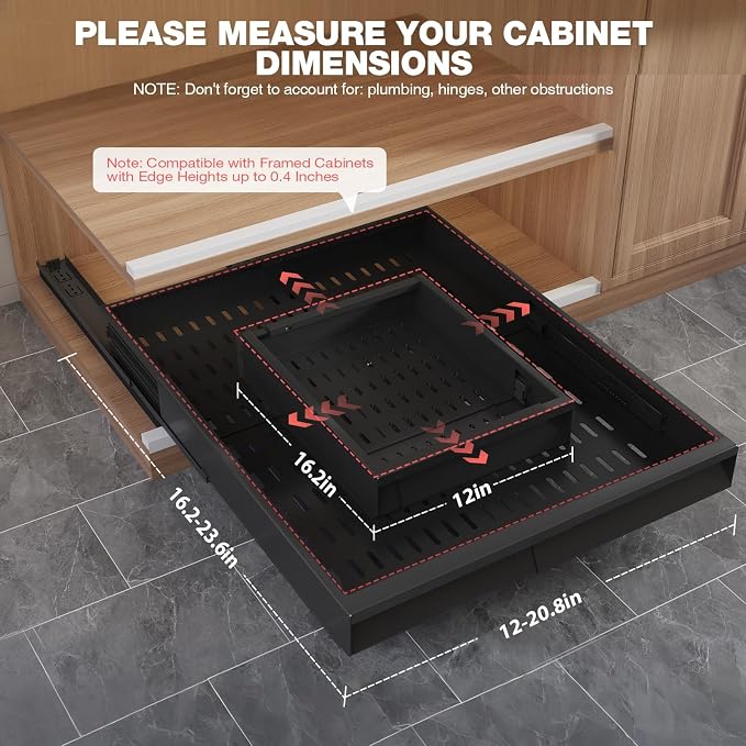 Seinloes 4 Pack Pull Out Cabinet Organizer Expandable Width (12"-20.8") & Depth (16.2"-23.6"), 3 Slide Rails Slide Out Drawers with Handle, Includes Raising Pad for Framed Cabinets, Black