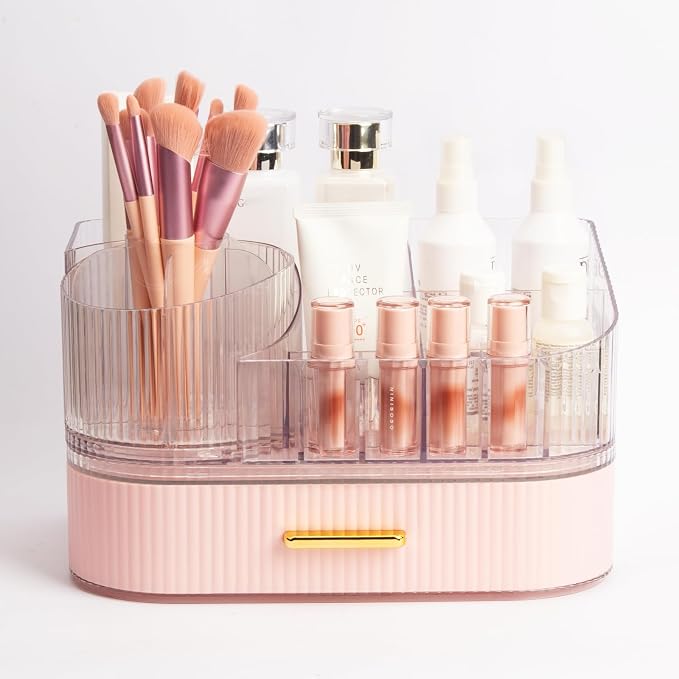 Makeup Organizer with Stackable Drawer and 360 Rotating Brush Holder, Cosmetic Storage Display, 11-inch Wide Beauty Counter, Pink, Large (Tray + 1 Drawer)