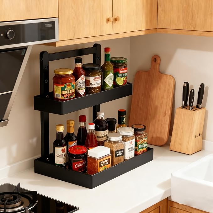 2-Tier Under Sink Pull Out Organizer, Bamboo Cabinet Storage Shelf with Adjustable Height, Slide Out for Kitchen Bathroom Pantry (Black, 2 Packs)
