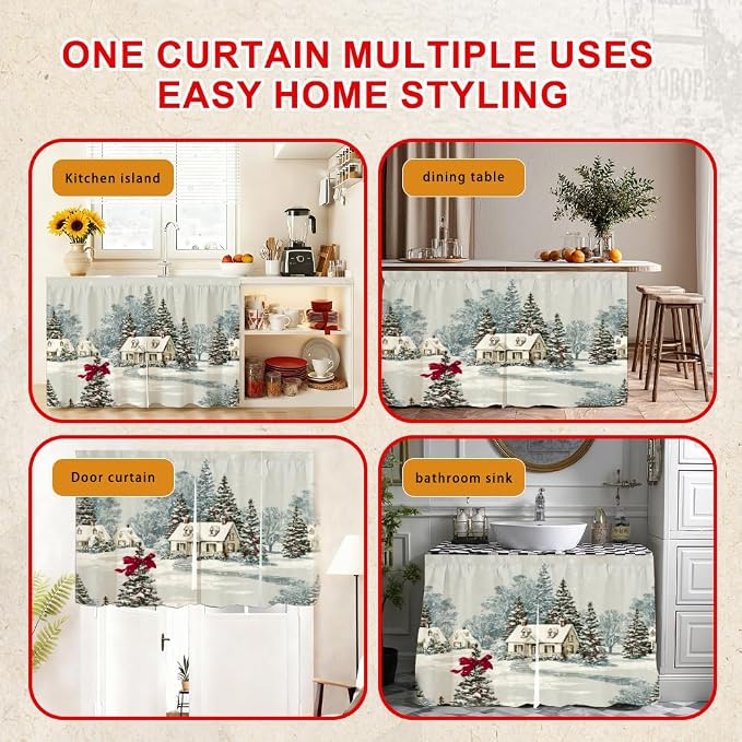 Self Adhesive Vintage Cottage & Pine Cabinet Curtain for Mother's Day, 39x28 Inch Farmhouse Manor Under Sink Skirt No Drill, Spring Cleaning Kitchen Decor, Hook and Loop Laundry Valance