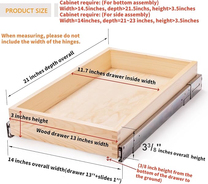 Mulush 13”W x 21”D x 3”H Soft Close Slide Out Wood Drawer Organizer for Kitchen, (Cabinet Opening Width>14.5 inches for Bottom Assembly, Width= 14 inches for Side Assembly)