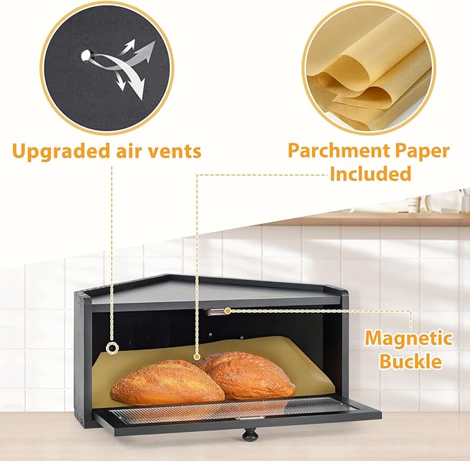 Sunhoo Bread Box for Kitchen Countertop Wooden Corner Breadbox Counter Food Storage Bin Container Farmhouse Rustic Homemade Bread Fresh Keeper Organizer Holder Vintage Stackable with Window (Black)