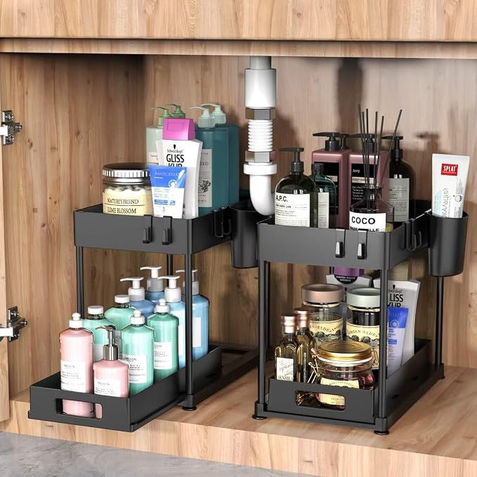 2 Pack Under Sink Organizer, Kitchen and Bathroom Under Sink Organizers and Storage with Pull out Bottom Drawer, Strong Built More Storage Multi-Purpose Organizer with Cups and Hooks