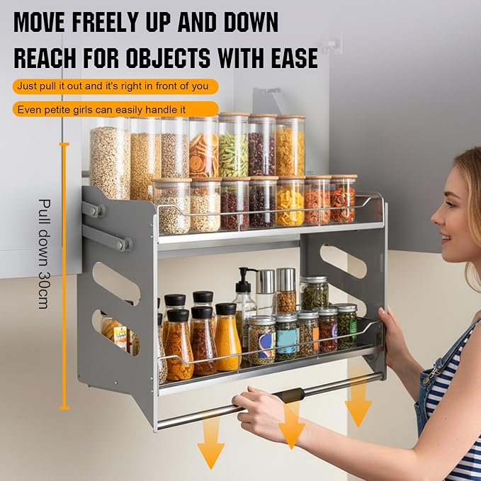 2-Tier Pull-down Storage Lift Cabinet Wall Cupboard Lifting Basket 304 Stainless Steel 22-34 Inch Width for Snacks Bowls Plate (600)