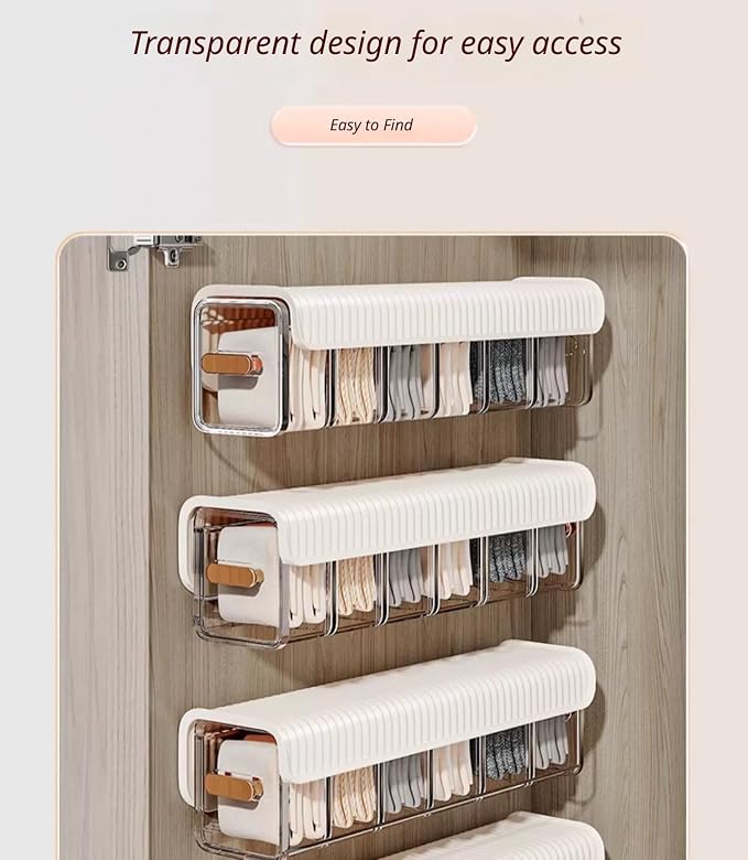 2 PCS No-Drill Wall Mount Underwear Organizer - Clear Drawer with Removable Dividers for Closet, 6-Slot Hanging Storage for Socks, Bras, Panties, Smooth Gliding & Space Saving (Grey/Transparent)