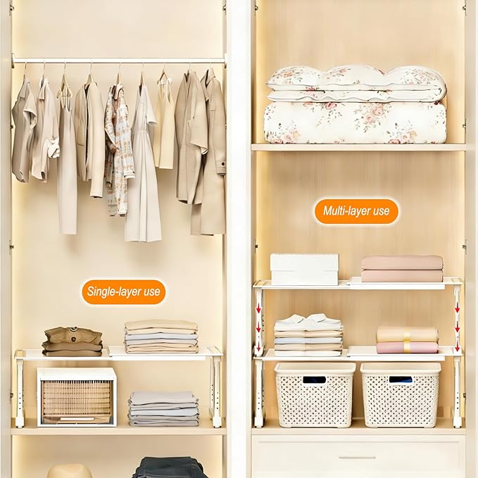 Expandable Cabinet Organizer Shelf, Adjustable Height Under Sink Storage Organizer, Shelf Riser for Kitchen, Bathroom, Wardrobe, Under Sink Counter(Beige) (2)