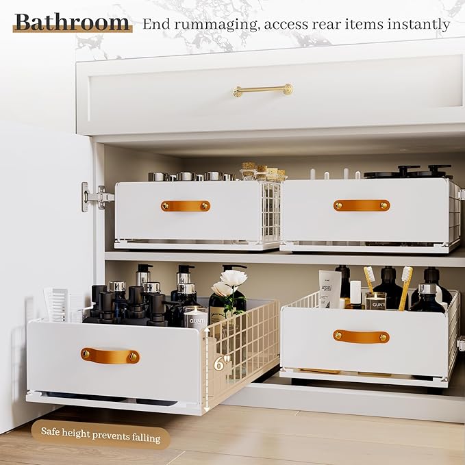 Pull Out Cabinet Organizer, No-Drill Pantry Drawers, Slide Out Shelves with Bamboo Risers for Lipped Cabinets,Ideal for Kitchen, Bathroom & Under Sink Storage (White, 13.8" Wide-21 Deep)
