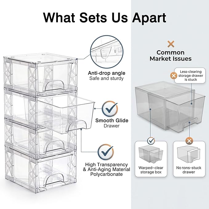 Stackable Storage Drawers, 4.4in Small Bathroom Organizers and Storage Boxes, Simply Assembled Box Containers for Medicine, Cosmetics, , Kitchen, Snack(6 Pack)