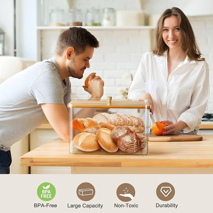 Hudgan Breadbox for Kitchen Countertop, Bread Storage Container with Bamboo Lid for Homemade Bread,Toast, Bagel, Donut, Cookies and Baguette, Large Corner Breadbox Keeper for Muffin