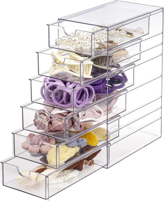 FABROK Clear Hair Accessory Organizer Box with 6 Drawers | Compact Storage Organization, For Cosmetics, Glasses, Stationery, Stackable Storage Containers, For Bathroom, Closet, Office