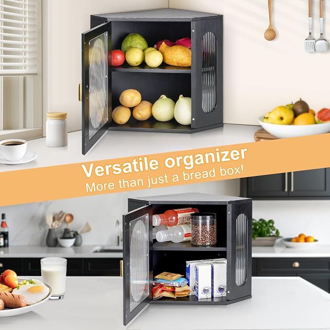 Sunhoo Bread Box for Kitchen Countertop Corner Bread Storage Wooden Breadbox Container 2 Layer Bread Holder Keeper Large Farmhouse Bread Bin Shelf for Homemade Pantry Vintage Acrylic Window(Black)