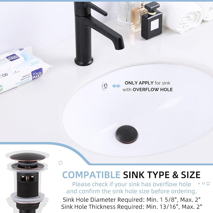 Angle Simple Bathroom Sink Drain with Overflow, Brass Pop Up Sink Stopper for Sink with 1.61 to 2 Inches Drain Hole, Oil-Rubbed Bronze