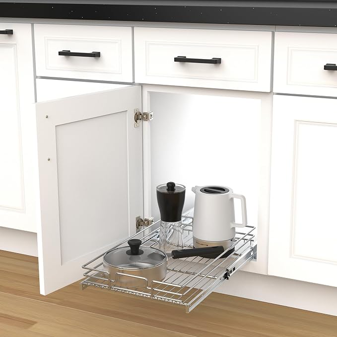 Pull Out Cabinet Organizer, Heavy-Duty Metal Sliding Drawer Shelf for Kitchen Cabinets, Chrome, Doesn't Include Door Fittings (20 * 21 IN)