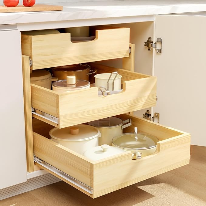 Pull Out Cabinet Organizer, 20''W×21''D Sliding Drawers for Cabinets, 3 Tier Soft Close Slide Out Wooden Pull out Drawers, Base Cabinet Organization for Kitchen, Pantry, Bathroom