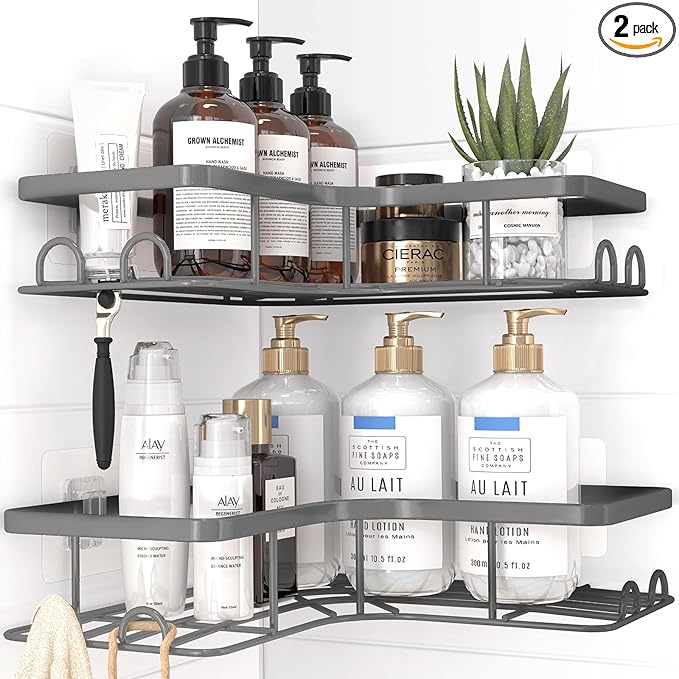 Sakugi Corner Shower Caddy - 2 Pack, Adhesive Shower Organizers, Rustproof Stainless Steel Shower Shelves with 8 Hooks, No Drilling Bathroom Organizers and Storage Racks, Space-Saving, Grey, Large