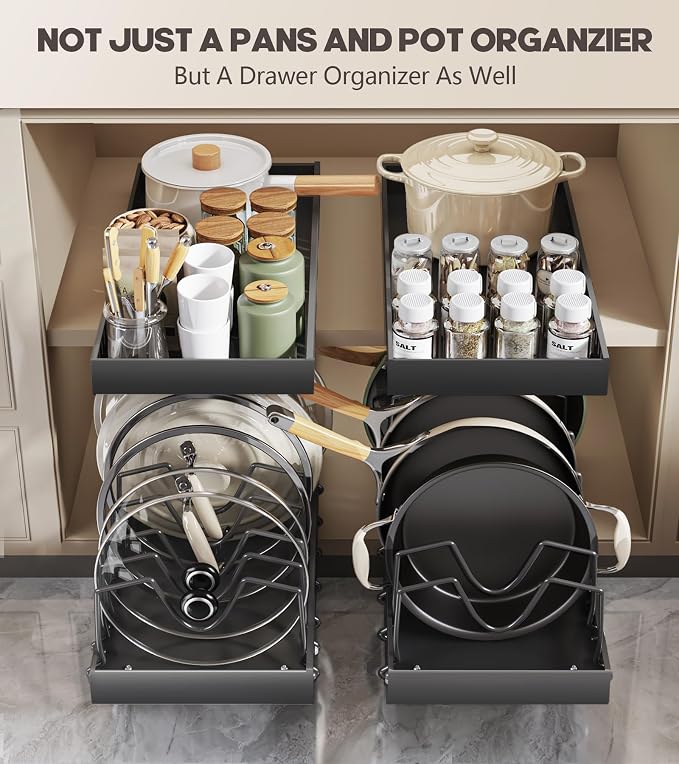 Lozovin Pull Out Pots and Pans Organizer Under Cabinet, Sliding Lid Holder and Pan Rack in Kitchen, Slide Out inside Cabinet Storage for Pot Lid, Bakeware, Dishes, 8 Adjustable Dividers, 1 Pack Black