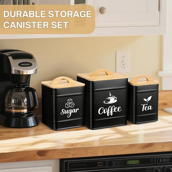 Maxdot 3 Set Coffee Sugar Tea Containers, Square Airtight Kitchen Canisters Storage Ground Organization with Bamboo Lids Rustic Metal Jars for Coffee Bar Beans, Tea Leaves, Food, Countertop(Black)