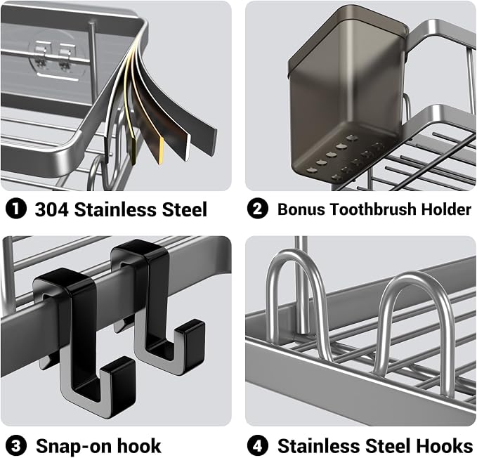 Corner Shower Caddy Bathroom Organizer: AKTECKE 2 Pack Adhesive Shelf Decor- No Drilling Stainless Steel Storage Rack with Hooks and Toothpaste Holder - Accessories Stuff