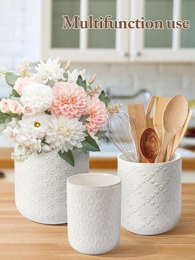 Kitchen Utensil Holder for Countertop, Ceramic Utensil Organizer for Spatulas and Spoons, Modern Embossed Kitchen Counter Decor, White Utensil Organizers for Cooking Tools