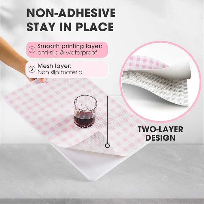 Drawer and Shelf Liner, Non-Slip Kitchen Cabinet Liners Non-Adhesive Thick Strong Grip Waterproof Washable Mats Protect Dresser Shelves Cupboard Bathroom Cabinets, Pink Plaid, 18 in X 10 FT