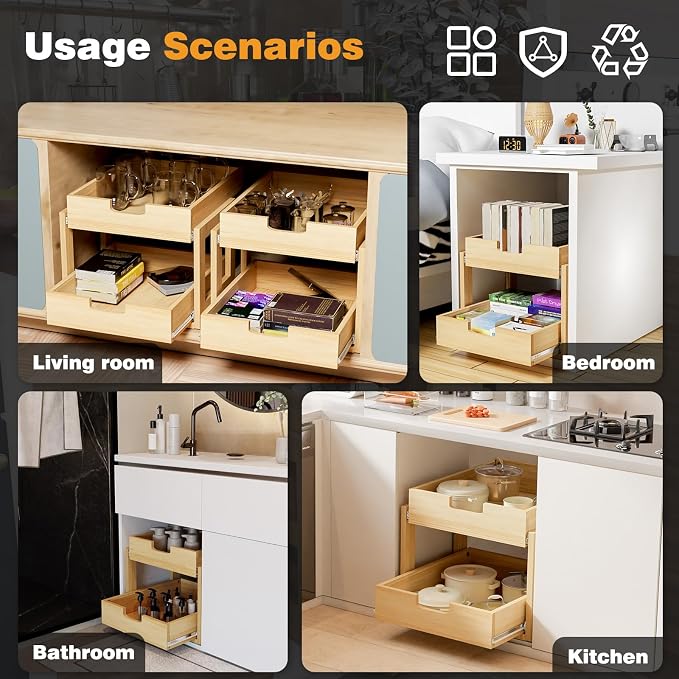 Pull Out Cabinet Organizer, 17''W×21''D Sliding Drawers for Cabinets, 2 Tier Soft Close Slide Out Wooden Pull out Drawers, Base Cabinet Organization for Kitchen, Pantry, Bathroom