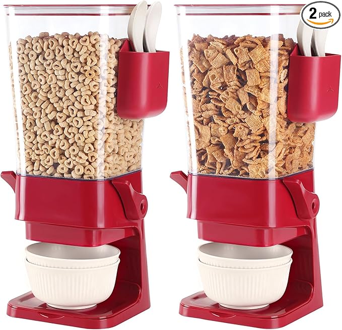 Osacoe Cereal Dispenser Countertop Red 2 Pack with Creal Bowls Spoons Cutlery Box, Cereal Containers Storage - Not Easy to Crush Food, Dry Food Dispenser For Pantry Candy Snack
