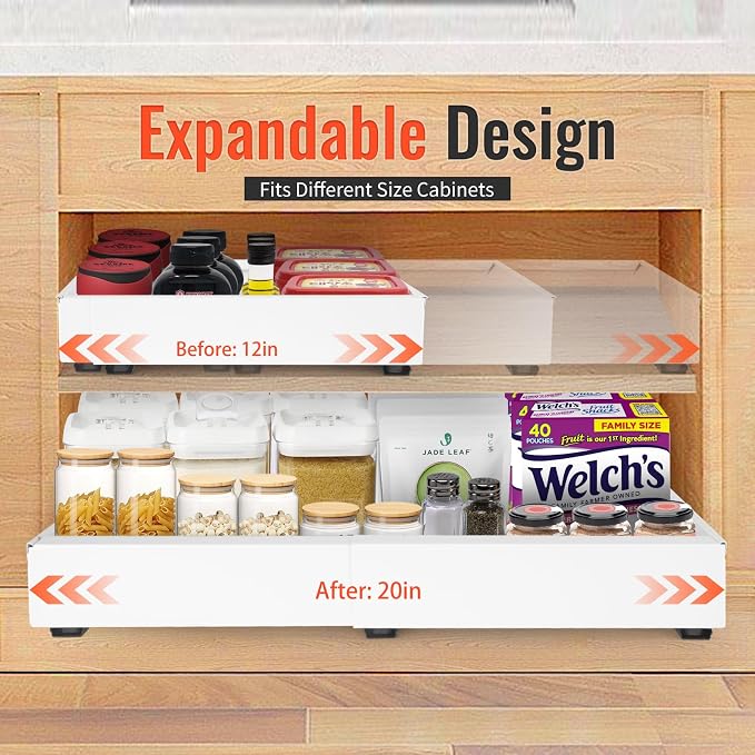 21" Deep Expandable Pull Out Cabinet Organizer,(12"-20")Slide Out Drawers For Kitchen Cabinets,Adhesive With Nano Film, Peel and stick Pull Out Drawers For Cabinets In Kitchen, Pantry (white,1PACK)