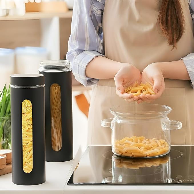 Mimorou 3 Pcs Stainless Steel Canister Set with Glass Windows Visible Storage Jars Silver Kitchen Canister Set for Pasta Flour Oat Sugar Container, Kitchen Tools, Housewarming Gifts(Black,60 oz)