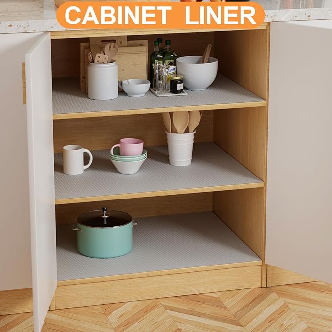Large Shelf Liners for Kitchen Cabinets: 20 Inch Wide x 300 inch Long Waterproof Under Sink Mat Light Grey - Non-Adhesive Easy to Cut Drawer Liner for Pantry Cupboard