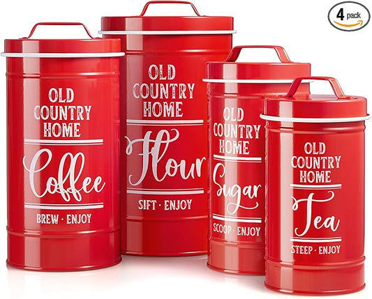 DAYYET Red Canisters for Kitchen Counter, Airtight Kitchen Canisters for Countertop, Flour and Sugar Containers, Tea Coffee Sugar Canister Set, Red Kitchen Decor and Accessories, Set of 4