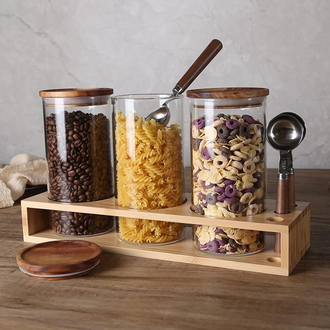 KKC Airtight Coffee Canister and Sugar Container Set with 3 Wooden Handle 1 TBSP Spoons - 3 Pack 39 oz Large Glass Storage Jars with Bamboo Stand, Countertop Coffee Station Organizer Bar Accessories