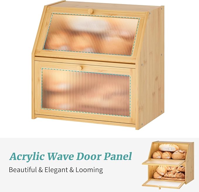 Extra Large Bread Box for Kitchen Counter, Bamboo Wood Double Layer Bread Box for Kitchen Counter, Wooden Capacity Bread Storage Bin