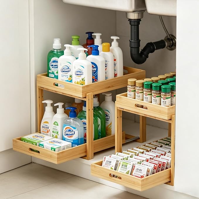 Under Sink Organizer and Storage - 2-Tier Bamboo Kitchen Cabinet Shelf with Adjustable Levels, Undersink Organization Slide Out for Bathroom Cabinet Pantry(Natural, 2 Packs)