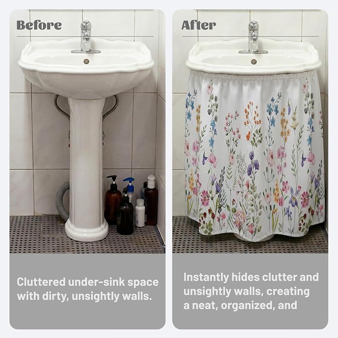 Wildflowers Sink Skirt for Bathroom, Self Stick Adhesive Waterproof Fabric, Under Sink Curtain Skirt, Pedestal Sink Accessories Decor