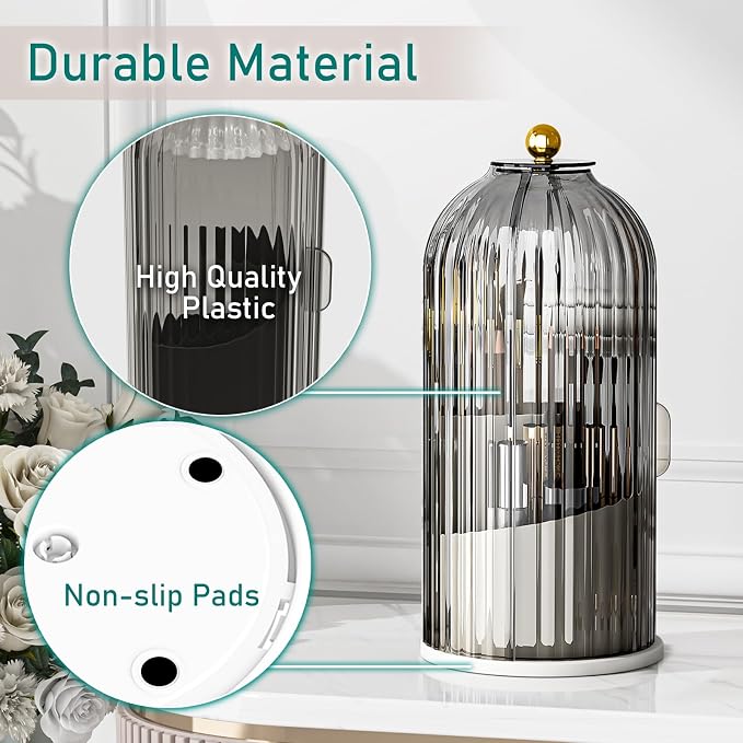 GAXmi Makeup Brush Holder with Lid Rotating Cosmetic Tools Organizer, Grey | 360 Rotation, Waterproof, Dustproof, Moistureproof