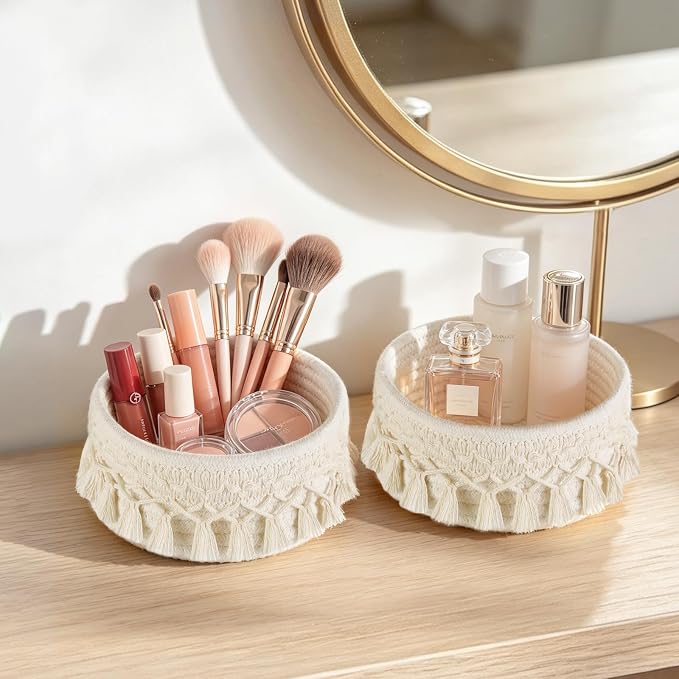 Mkono Macrame Makeup Brush Holder Organizer Comb Brushes Mini Storage Basket Set of 2 Boho Decor Baskets for Pen Pencil Box Container, Small, Ivory