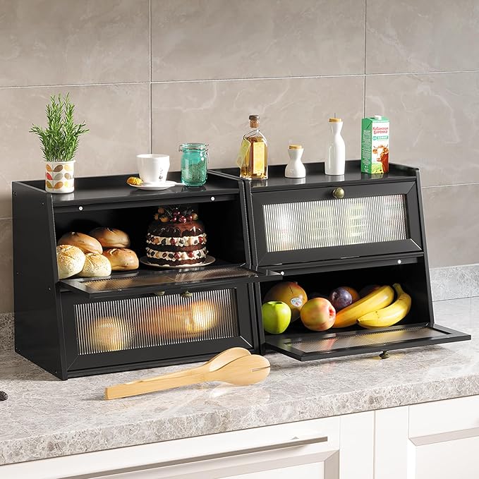 Double Layer Large Bamboo Bread Box for Kitchen Counter, Wooden Large Capacity Bread Storage Bin with Window Bread Holder