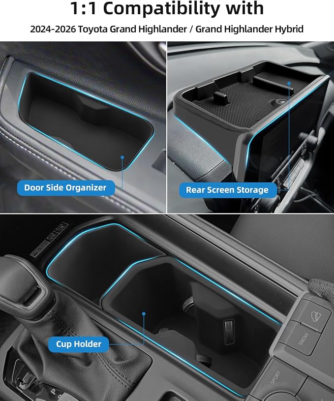 Center Control Insert Cup Holder+Rear Door Side Storage Box +Screen Dashboard Tray for 2024-2026 Toyota Grand Highlander/2025 2026 Grand Highlander Hybrid (5PCS)