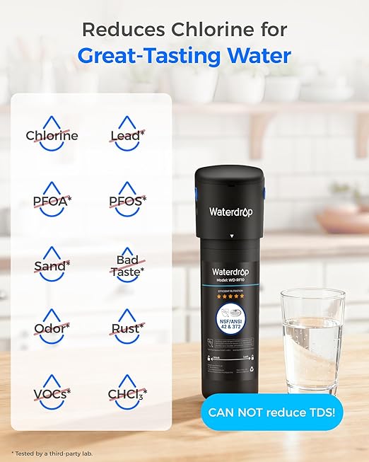 Waterdrop 10UB-B Under Sink Water Filter System, Reduces PFAS, PFOA/PFOS, Lead, Chlorine, Bad Taste & Odor, NSF/ANSI 42 Certified, Under Sink Water Filter with Black Faucet, 1 Year