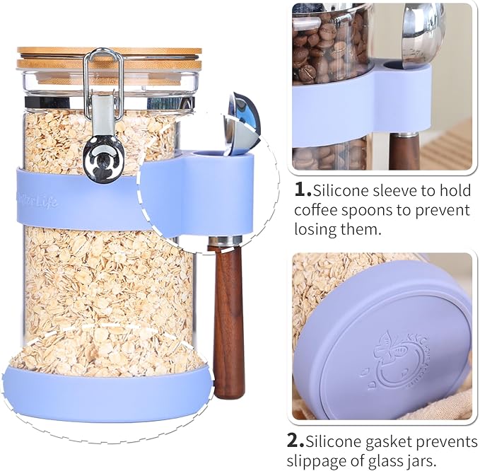 KKC Glass Protein Powder Container, 40oz Airtight Collagen Storage Jars with Bamboo Lids & 1 TBSP Measuring Spoons - Wide Mouth Aesthetic Countertop Dispenser Organizer for Kitchen, Smoothie Bar
