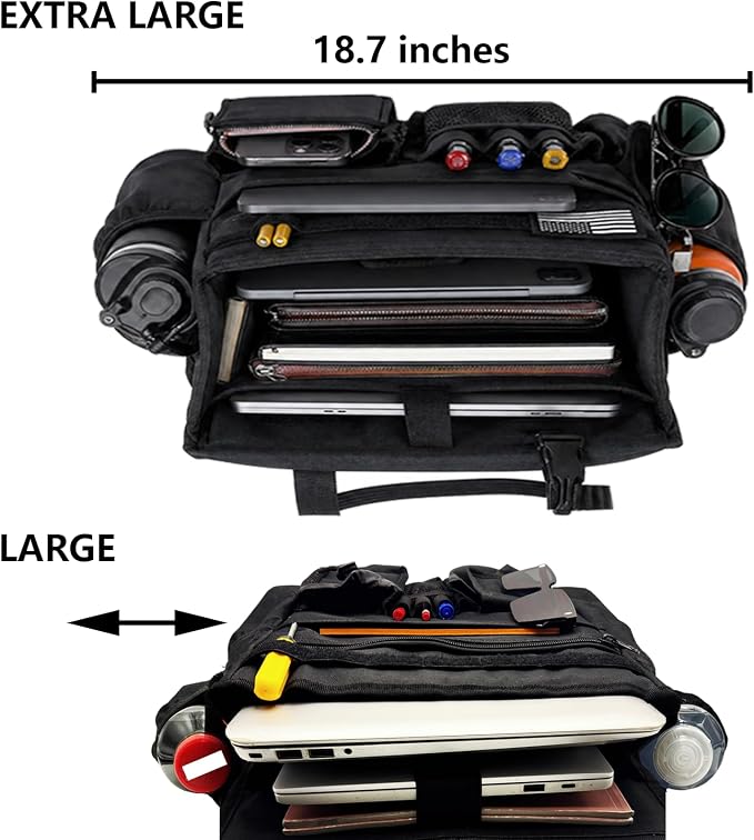 2 Pack Front & Seat back organizer with dedicated tablet and 17 IN laptop storage stabilizers external stabilizing side straps soft adjustable shoulder straps hardened buckle (Large Black)