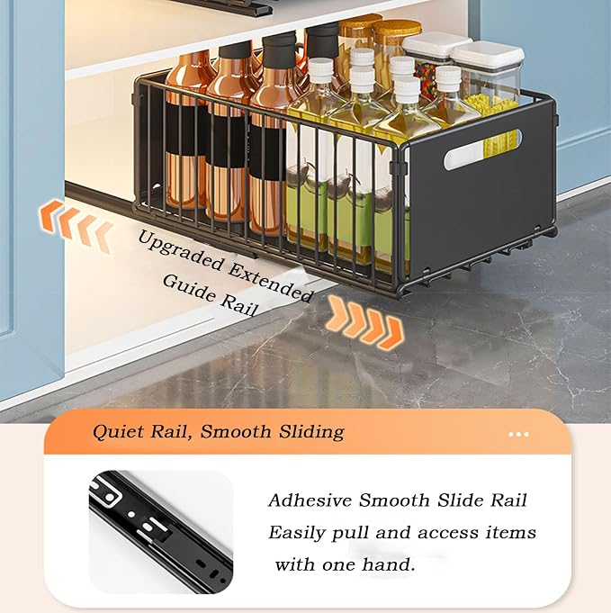 Pull Out Cabinet Organizers Large Capacity with Nano Adhesive Tallened Guardrail Anti Fall Design for Bathroom & Kitchen Cabinets Pantries (Black, L-2Pcs)