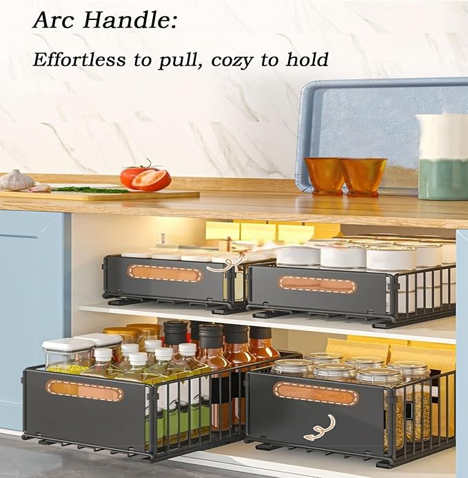 Pull Out Cabinet Organizers Large Capacity with Nano Adhesive Tallened Guardrail Anti Fall Design for Bathroom & Kitchen Cabinets Pantries (Black, S-2Pcs)