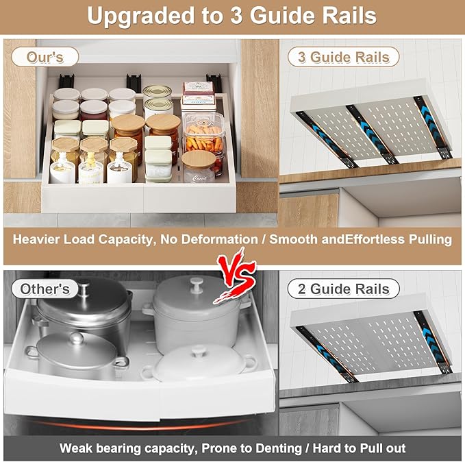 2Pc Pull out Cabinet Organizer,Width (18"-25") and Depth (10"-13") Expandable,No Drill Adjustable Slide out Drawers for Pantry,Adhesive Roll out Shelves Short,for upper cabinet,White