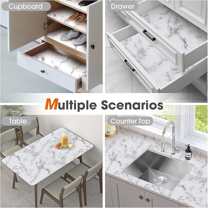 Drawer and Shelf Liner, Non-Slip Kitchen Cabinet Liners Non-Adhesive Thick Strong Grip Waterproof Washable Mats Protect Dresser Shelves Cupboard Bathroom Cabinets, White Marble, 18 in X 30 FT