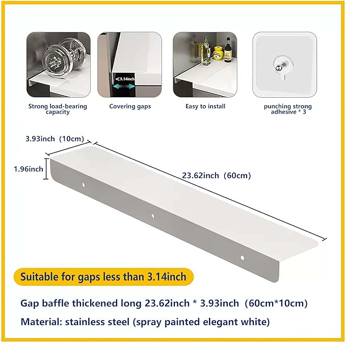 Metal Kitchen Refrigerator Gap Partition Side Panel For Crack Behind Refrigerator Kitchen Partition Panel No Drill Countertop Gap Extension Board(White,23.62 * 3.93inch)