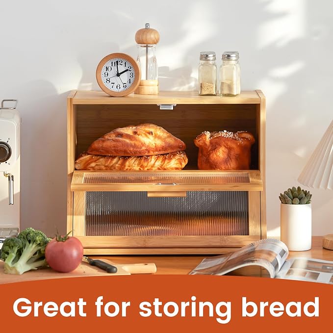 GHWIE Double Layer Bamboo Bread Box for Kitchen Counter,Large Capacity Bread Storage Bin,Bread Container with Acrylic Wavy Door Panel (Natural, Medium)