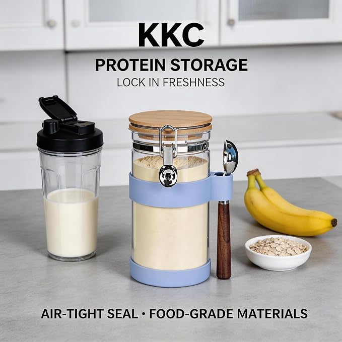 KKC Glass Protein Powder Container, 40oz Airtight Collagen Storage Jars with Bamboo Lids & 1 TBSP Measuring Spoons - Wide Mouth Aesthetic Countertop Dispenser Organizer for Kitchen, Smoothie Bar